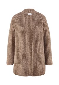 Cardigan en tricot beige avec une coupe ample, devant ouvert et texture côtelée. Dispose de poches latérales et d'un large col, fabriqué dans un matériau doux.