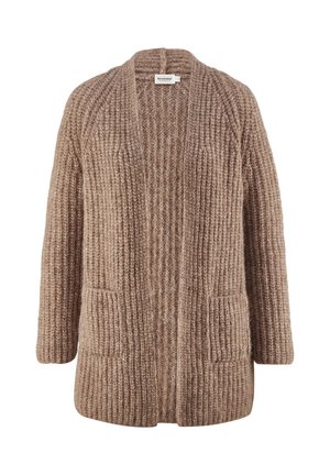 Cardigan in maglia beige con una vestibilità ampia, apertura frontale e texture a costine. Presenta tasche laterali e un colletto ampio, realizzato in materiale morbido.
