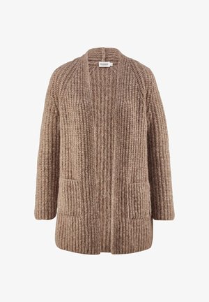 Beige gebreide cardigan met een losse pasvorm, open voorkant en geribbelde textuur. Heeft zijzakken en een brede kraag, gemaakt van zacht materiaal.