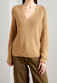Maglione lavorato a maglia con scollo a V e maniche lunghe in beige, caratterizzato da un tessuto testurizzato e accenti a costine, abbinato a pantaloni verde oliva.