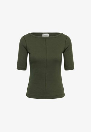 Tamnozeleno rebrasto top s kratkim rukavima, brodskog izreza i središnjim okomitim šavom.