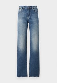 Höga blå jeans med en blekt finish, vida ben, fem fickors design och metallknapp vid midjan.