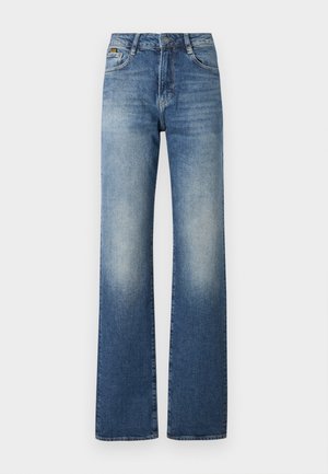 High-waisted blue jeans with a faded finish, wide legs, five-pocket design, and metal button closure at the waistband.