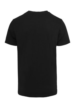 Camiseta de algodón negra con cuello redondo, mangas cortas y dobladillo recto. La tela parece suave con un acabado de color sólido.