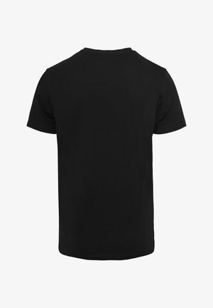 T-shirt en coton noir avec un col rond, des manches courtes et un ourlet droit. Le tissu semble lisse avec une finition en couleur unie.