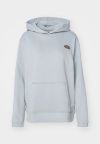 Světle modrá mikina s kapucí vyrobená z měkké látky, s klokaní kapsou a žebrovanými manžetami. Obsahuje malé hnědé logo na prsou.