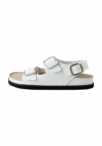 Sandali bianchi con tre fibbie regolabili, una soletta testurizzata e una suola in gomma nera, che mostrano un design minimalista e la punta aperta.