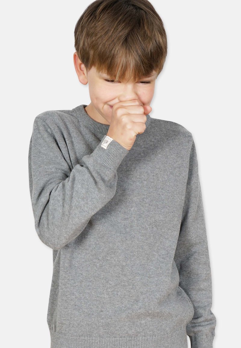 Grå strikket sweater med rund halsudskæring, ribbede manchetter og bund, med et lille mærke på venstre ærme. Glat tekstur.