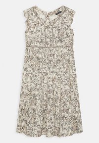 Šaty s květinovým vzorem, výstřihem do V, volánkovými rukávy a elastickým pasem. Převážně krémové s hnědými akcenty. Lehká látka.