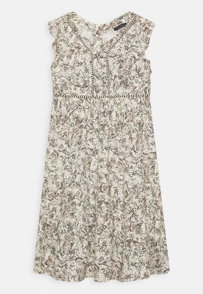 Šaty s květinovým vzorem, výstřihem do V, volánkovými rukávy a elastickým pasem. Převážně krémové s hnědými akcenty. Lehká látka.