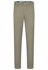 Tan chinos with a straight cut, featuring a button closure, belt loops, and a concealed patterned interior lining. Smooth fabric texture.