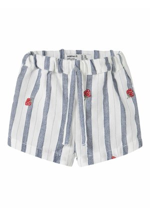 Short blanc pour tout-petits avec des rayures verticales bleues, des fraises rouges brodées, une taille élastique et un cordon à l'avant.