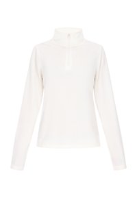 Witte lange mouw top met een hoge kraag en een halve ritssluiting. Gemaakt van een gladde, lichte stof met een effen textuur.