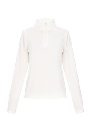 Witte lange mouw top met een hoge kraag en een halve ritssluiting. Gemaakt van een gladde, lichte stof met een effen textuur.