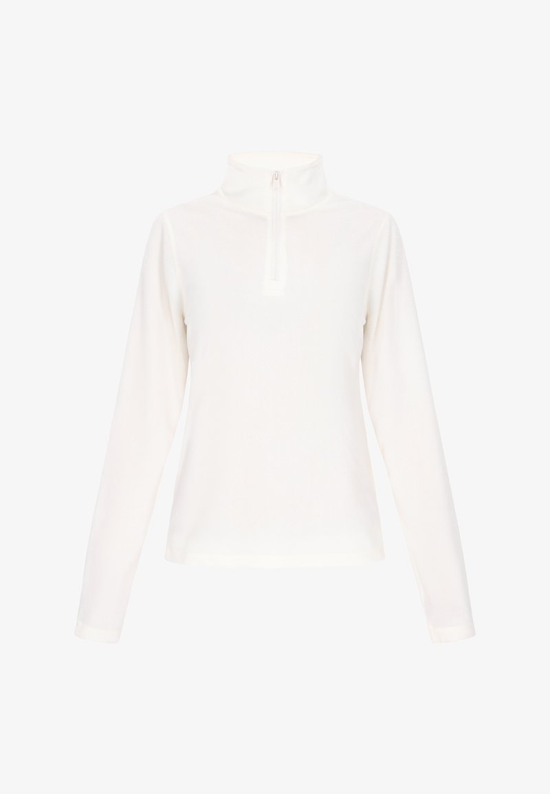 Weißes Langarmoberteil mit hohem Kragen und halbem Reißverschluss. Hergestellt aus einem glatten, leichtgewichtigen Stoff mit einer einfarbigen Textur.