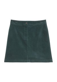 Dunkelgrüner Kordrock im A-Linien-Schnitt mit einer vorderen Knopfverschluss und subtiler Textur. Mit geradem Saum und minimalistischem Design.
