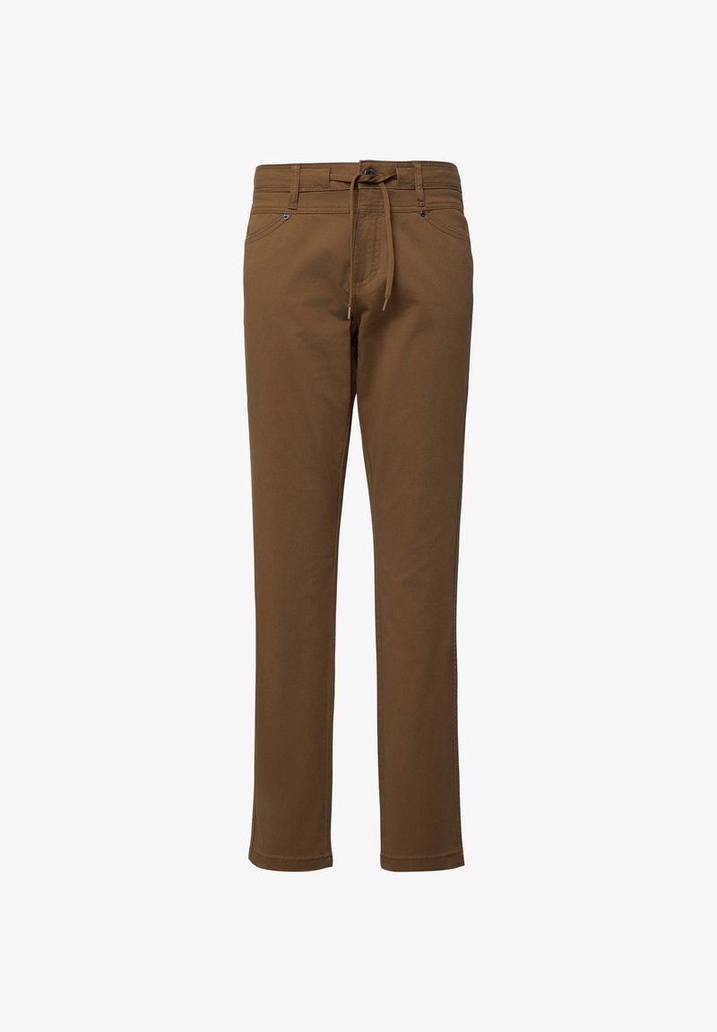 Bruine broek met rechte pijpen, voorzakken en een taille met trekkoord, ontworpen voor casual gebruik.