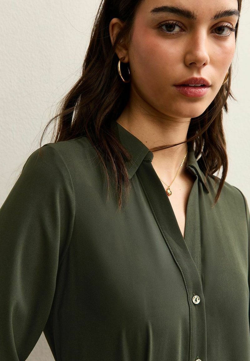 green shirt dress new look Louche Reese Linen Mix Midi Shirt Dress