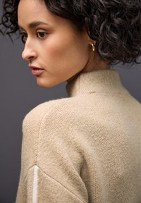 Beige gestrickter Pullover mit einem hohen Kragen, der einen strukturierten Stoff und einen dezenten Creme-Streifen entlang der Schulternähte aufweist.