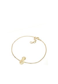 Goldene Kettenarmband mit einem kleinen Ananasanhänger und strukturierten Details sowie einem Karabinerverschluss für eine sichere Befestigung.