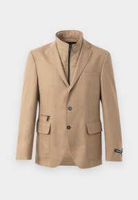 Svetlohnedý blazer s vysokým golierom, zipsom, dvoma prednými vreckami a jedným vreckom na hrudi. Tkanina má hladkú štruktúru a je strihaná na mieru.