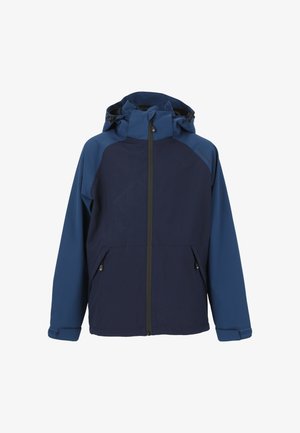 Blå tofarvet vandtæt jakke med lynlås, justerbar hætte og lommer. Har en glat tekstur og moderne design.
