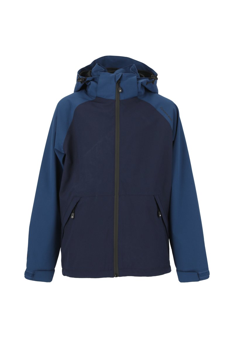 Blå tofarvet vandtæt jakke med lynlås, justerbar hætte og lommer. Har en glat tekstur og moderne design.