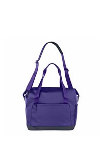 Borsa a tracolla viola realizzata in nylon resistente con doppi manici, tracolla regolabile, tasca frontale con zip e dettaglio inferiore grigio.
