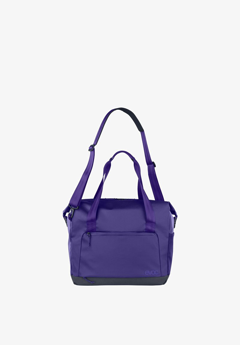 Borsa a tracolla viola realizzata in nylon resistente con doppi manici, tracolla regolabile, tasca frontale con zip e dettaglio inferiore grigio.