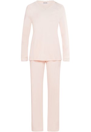Set di pigiama rosa chiaro caratterizzato da maniche lunghe, scollatura a V e dettagli in pizzo ai polsini e alla scollatura. Tessuto morbido e liscio.