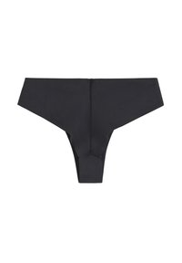 Perizoma nero realizzato in tessuto morbido, caratterizzato da un design minimalista con una forma triangolare a taglio alto e finitura senza cuciture.