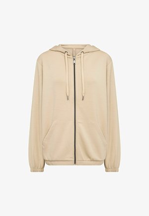 Beige zip-up hoodie with a drawstring hood, two front pockets, and elastic cuffs. Made from soft, textured fabric.