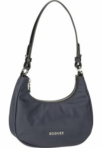 Borsa a spalla in nylon blu marina con zip argentata, tracolla in pelle nera e logo impresso sul davanti. Texture liscia e forma curva.