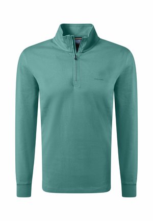 Langarm-Pullover in Türkis. Verfügt über einen hohen Kragen mit einem Viertelreißverschluss, einen weichen Baumwollmischstoff und ein minimalistisches Logo auf der Brust.