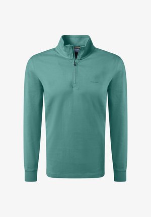 Langarm-Pullover in Türkis. Verfügt über einen hohen Kragen mit einem Viertelreißverschluss, einen weichen Baumwollmischstoff und ein minimalistisches Logo auf der Brust.