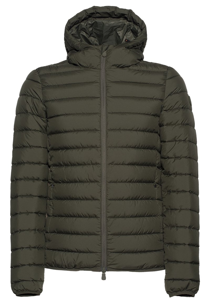 Chaqueta acolchada verde oliva con cremallera frontal, capucha ajustable, textura acolchada y puños elásticos. Diseño ligero e insulated.
