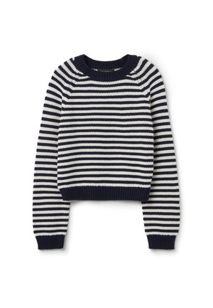 Navy and white striped knit sweater with a round neckline and ribbed cuffs, featuring a cropped design and textured fabric.