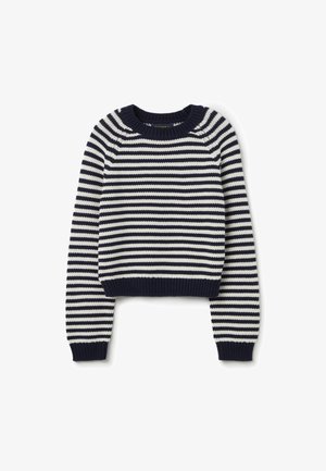 Gestreifter Pulli in Marineblau und Weiß aus Strick mit Rundhalsausschnitt und gerippten Bündchen, der ein kurzes Design und eine strukturierte Textur bietet.