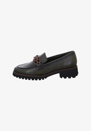 Dark green leather loafer with chunky black sole and brown decorative chain detail on top.