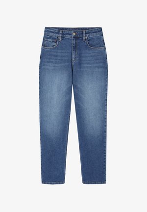 Denimjeans in einem mittleren Blauton mit geradem Bein, fünf Taschen und kontrastierenden Nähten. Verfügt über einen Metallknopf und einen Reißverschluss.