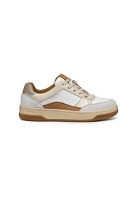 Sneaker bianca e beige con un design testurizzato, dotata di suola in gomma e lacci, presentata su uno sfondo bianco.