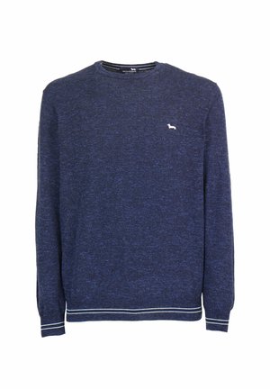 Tmavě modrý pletený svetr s kulatým výstřihem, dlouhými rukávy a bílými vodorovnými pruhy na manžetách a lemu. Na hrudi je malá logo.