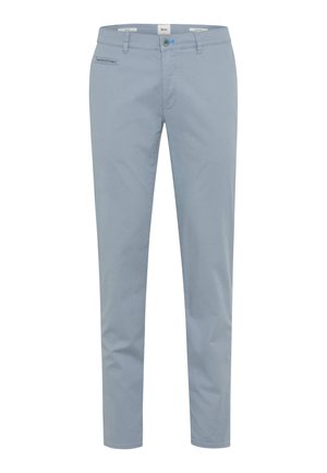 Pantaloni di cotone azzurri con vestibilità slim, dotati di tasche frontali, una piccola tasca porta monete e chiusura con bottone.