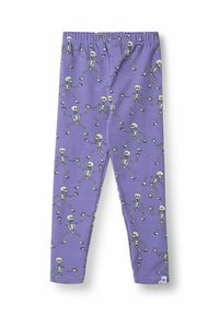 Lila leggings, puha anyagból készült, fekete-fehér, ismétlődő koponya mintával díszítve. Rugalmas derékrész a kényelem érdekében.