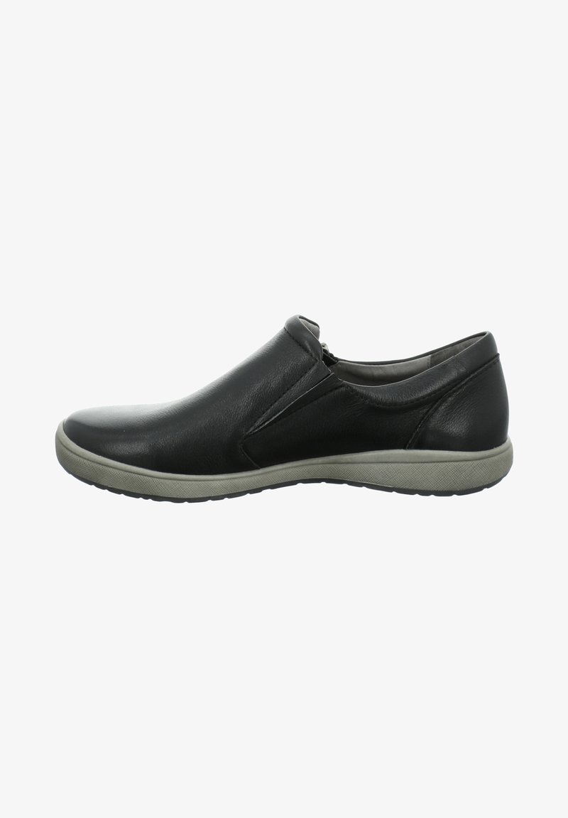 Chaussure décontractée noire à enfiler avec un bout arrondi et une semelle en caoutchouc gris clair, panneaux élastiques latéraux pour un enfilage facile, vue du côté extérieur.