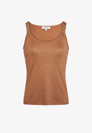 Top senza maniche color rame con scintillio metallico e dettagli decorativi a anello d'oro su ogni spallina, taglia piccola.