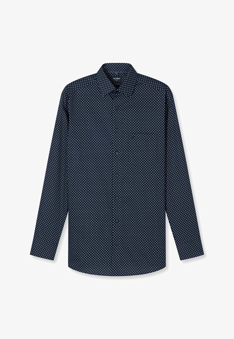 Marineblaue, langärmelige Hemd mit Knopfleiste, weißem kleinen Rautenmuster und klassischem Kragen, flach liegend präsentiert.