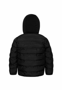 Black puffer jacket with a hood, featuring a quilted design and elastic cuffs. Made from a lightweight, smooth fabric. Back view.