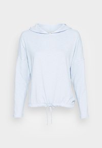 Ljusblå huvtröja med långärmar, avslappnad axel och dragsko i midjan. Mjuk tyg med en avslappnad passform.