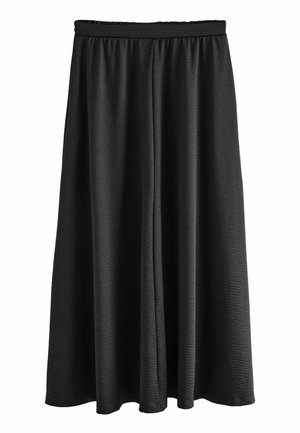 Czarna spódnica z teksturowanej tkaniny, z elastycznym pasem, plisowanym wzorem i swobodnym fasonem sięgającym do połowy łydki.